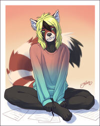  2016 ailurid anthro biped bottomless clothed clothing dated femboy feralise fur hair male mammal piercing red_panda signature sitting solo whiskey_(redwhiskey) year 