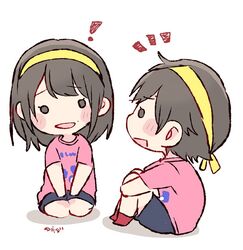  ! 2girls :d akb48 artist_name black_eyes black_hair black_shorts blush_stickers chibi commentary_request hachimaki headband hugging_own_legs knees_up long_hair mole mole_above_mouth multiple_girls murayama_yuiri notice_lines o_o okada_nana open_mouth pink_shirt real_life seiza shirt short_hair short_sleeves shorts simple_background sitting smile taneda_yuuta white_background 