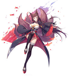  aircraft airplane akagi_(azur_lane) animal_ear_fluff animal_ears arm_at_side ayan azur_lane blush breasts brown_hair chinese_commentary cleavage commentary eyeshadow female fire flight_deck floating_hair fox_ears fox_tail full_body gloves grin highres holding japanese_clothes large_breasts leg_up long_hair looking_at_viewer makeup multiple_tails outstretched_arm partially_fingerless_gloves pleated_skirt red_eyes red_skirt rudder_footwear shikigami sidelocks simple_background skirt smile tail thighhighs white_background wide_sleeves 