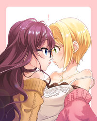  ! 2girls ahoge bare_shoulders bespectacled blonde_hair blue_eyes blush breasts brown_hair cleavage closed_mouth collarbone commentary_request eye_contact glasses green_eyes highres ichinose_shiki idolmaster idolmaster_cinderella_girls jewelry lazy_lazy_(idolmaster) lips long_hair looking_at_another miyamoto_frederica momojiri_aya multiple_girls necklace short_hair simple_background strap_slip upper_body wavy_hair yuri 