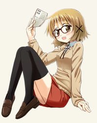  bad_id bad_pixiv_id bespectacled black_thighhighs blush book breasts brown_eyes brown_hair commentary_request female full_body glasses hair_ornament hairclip hidamari_sketch highres loafers looking_at_viewer open_mouth percy_pyl school_uniform shoes short_hair simple_background sitting solo thighhighs white_background x_hair_ornament yuno_(hidamari_sketch) 