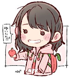  ahoge akb48 apple apple_print artist_name backpack bag black_eyes black_hair blush chibi commentary_request female food fruit grin holding holding_food holding_fruit hood hood_down hooded_jacket jacket long_hair long_sleeves mole mole_under_mouth murayama_yuiri o_o pink_jacket print_shirt real_life shirt smile solo striped_clothes striped_jacket taneda_yuuta upper_body vertical-striped_clothes vertical-striped_jacket 