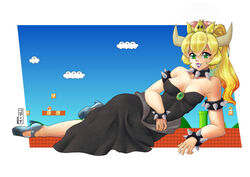  bare_shoulders black_dress blonde_hair border bowsette bracelet breasts cleavage collar collarbone dress female full_body godichi green_eyes grin high_heels highres horns jewelry lipstick long_dress long_hair looking_at_viewer lying makeup mario_(series) medium_breasts new_super_mario_bros._u_deluxe nintendo on_side ponytail smile solo spiked_armlet spiked_bracelet spiked_collar spikes strapless strapless_dress super_crown white_border 