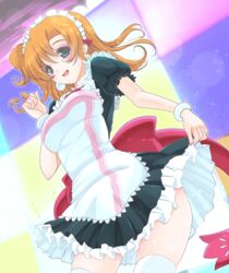  :d apron bangle blue_eyes blush bow bowtie bracelet breasts clenched_hand commentary_request dress earrings female frapowa frilled_dress frills jewelry kosaka_honoka looking_at_viewer love_live! love_live!_school_idol_project maid maid_headdress medium_breasts mogyutto_&quot;love&quot;_de_sekkin_chuu! one_side_up open_mouth orange_hair puffy_short_sleeves puffy_sleeves red_bow red_bowtie sash short_sleeves skirt skirt_hold smile solo sparkle 