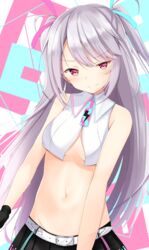  bad_id bad_pixiv_id bare_shoulders belt black_gloves breasts commentary crop_top doyachii female gloves grey_hair hair_ribbon highres indie_virtual_youtuber long_hair looking_at_viewer midriff navel no_bra otomata_ruka pink_eyes ribbon sidelocks sleeveless small_breasts solo stomach two_side_up virtual_youtuber 