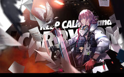  ar-15 armor baggy_clothes bird blurry blurry_foreground closed_mouth commentary_request dress expressionless female floating_hair gas_mask girls&#039;_frontline gloves gun hair_between_eyes hair_ornament highres holding holding_weapon jacket lin+ load_bearing_vest long_hair mask multicolored_hair official_art open_clothes open_jacket pink_hair ponytail red_gloves rifle riot_shield shield sidelocks solo st_ar-15_(girls&#039;_frontline) st_ar-15_(mod3)_(girls&#039;_frontline) streaked_hair weapon wind 