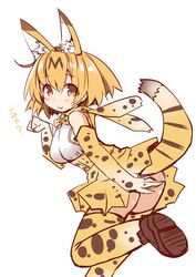  :3 animal_ears black_footwear blonde_hair bow bowtie closed_mouth commentary elbow_gloves extra_ears female from_side gloves high-waist_skirt highres kemono_friends leaning_forward leg_up looking_at_viewer paw_pose print_bow print_bowtie print_gloves print_skirt print_thighhighs serval_(kemono_friends) serval_print shirogane_(platinum) shirt shoes short_hair skirt sleeveless sleeveless_shirt smile solo standing standing_on_one_leg striped_tail tail thighhighs white_shirt yellow_bow yellow_bowtie yellow_eyes yellow_gloves yellow_skirt yellow_thighhighs 