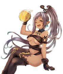  ;d alcohol arm_up beer beer_mug black_gloves black_thighhighs breasts brown_eyes chobi_(sakuyasakuhana) circlet commentary_request copyright_request crossed_legs cup dark-skinned_female dark_skin detached_collar earrings female gloves grey_hair high_ponytail holding holding_cup jewelry long_hair medium_breasts mug naked_ribbon navel necklace one_eye_closed open_mouth pointy_ears ribbon simple_background sitting smile solo sparkle swept_bangs thighhighs underboob very_long_hair white_background 