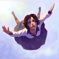  bioshock_(series) bioshock_infinite blouse blue_background blue_eyes blue_skirt boots brown_hair commentary elizabeth_(bioshock_infinite) falling female ilya_kuvshinov long_hair long_sleeves looking_at_viewer neckerchief parted_lips shirt skirt solo white_shirt 