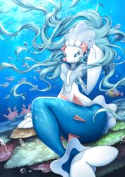  blue_eyes blue_hair bruxish corsola detailed_background female feral generation_2_pokemon generation_7_pokemon group hair hi_res kemokemono mammal marine nintendo pinniped pokemon pokemon_(species) primarina seabed solo_focus white_body white_skin 