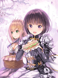  2girls :d armor bad_id bad_pixiv_id basket black_gloves black_shirt blush braid breasts cherry_blossoms cleavage closed_mouth commentary_request day earrings elbow_gloves flower food gloves gold_trim green_eyes hair_between_eyes highres holding holding_food jewelry light_brown_hair long_hair looking_away medium_breasts multiple_girls open_mouth outdoors pauldrons petals picnic_basket princess_of_aleister_(shadowverse) puffy_short_sleeves puffy_sleeves purple_eyes purple_flower purple_hair sagaradai sandwich shadowverse shirt short_sleeves shoulder_armor single_braid skirt smile sumeragi_erika_(shadowverse) white_gloves white_skirt 