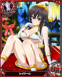  arm_support bikini bikini_top_only bikini_under_clothes black_hair blush breasts card_(medium) character_name chess_piece christmas christmas_tree closed_mouth female fur_trim gloves hat high_school_dxd jacket large_breasts long_hair looking_at_viewer official_art open_clothes panties pantyshot pink_eyes queen_(chess) raynare red_panties santa_bikini santa_hat sitting skirt smile solo source_request swimsuit trading_card underwear very_long_hair white_bikini white_gloves white_hat 