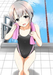  :d aizawa_u-ji commentary competition_swimsuit female idolmaster idolmaster_cinderella_girls lane_line looking_at_viewer looking_up one-piece_swimsuit open_mouth otokura_yuuki pool pool_ladder poolside purple_eyes purple_hair smile solo swimsuit tile_floor tiles towel towel_around_neck wet wiping_face 