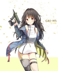  :o absurdres asymmetrical_legwear bare_shoulders black_panties blue_jacket blush brown_hair c-ms_(girls&#039;_frontline) cbj-ms commentary dress female garter_straps girls&#039;_frontline grey_legwear gun hand_up head_tilt highres holding holding_gun holding_weapon hood hood_down hooded_jacket jacket long_hair long_sleeves looking_at_viewer name_connection object_namesake off_shoulder open_clothes open_jacket panties parted_lips photoshop_(medium) red_eyes short_dress single_thighhigh skindentation sleeveless sleeveless_dress sob_(submar1089) solo submachine_gun thigh_strap thighhighs underwear uneven_legwear very_long_hair weapon white_dress 