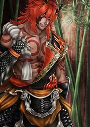  1boy abs bara bodypaint clothes demon fingerless_gloves gloves highres horns jungle long_hair looking_at_viewer male_focus muscle musou_orochi musou_orochi_2 nature outdoors pecs purple_eyes red_hair rope shirt shuten_doji smile solo teeth yellow_eyes 