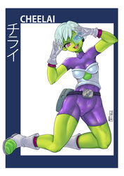  absurdres belt bodysuit boots breastplate breasts character_name chirai collarbone dragon_ball dragon_ball_super dragon_ball_super_broly female full_body gloves godichi green_skin highres kneeling looking_at_viewer medium_breasts purple_eyes scouter short_hair short_sleeves silver_hair solo white_gloves 