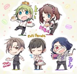  5boys :d ;d apron asselin_bb_ii black_apron black_bow black_bowtie black_dress black_hair black_legwear black_pants black_vest blue_eyes blue_hair bow bowtie braid brown_eyes brown_hair cafe_parade_(idolmaster) cake chibi closed_eyes commentary_request crossdressing cup dress eyepatch food green_hair group_name hair_ornament hair_scrunchie holding holding_plate holding_tray idolmaster idolmaster_side-m kamiya_yukihiro ladle leaning_forward long_hair looking_at_viewer macaron_background maid maid_headdress male_focus mizushima_saki multiple_boys necktie one_eye_closed open_mouth otoko_no_ko pancake pants pantyhose pastry_bag pink_scrunchie plate polka_dot polka_dot_background purple_eyes purple_necktie satan_(idolmaster) scrunchie shinonome_soichiro shirt side_braid smile standing standing_on_one_leg star_(symbol) star_hair_ornament table taneda_yuuta teacup tray twintails u_u uzuki_makio vest waist_apron waiter white_shirt 