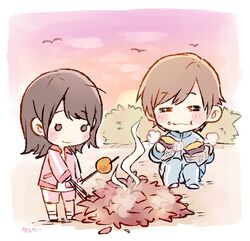  +_+ 2girls =_= ahoge akb48 artist_name blue_jacket blue_pants blush brown_hair campfire chibi closed_eyes commentary_request food food_on_face gym_shorts holding holding_food jacket knees_up leaf long_hair long_sleeves multiple_girls murayama_yuiri o_o okada_nana outdoors pants pink_jacket pink_shorts real_life roasted_sweet_potato short_hair shorts sitting smile standing sunset sweet_potato taneda_yuuta track_jacket track_pants track_suit 