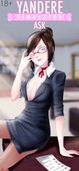  adjusting_eyewear breasts brown_eyes brown_hair choker english_text female genka_kunahito glasses hair_bun large_breasts lipstick looking_at_viewer makeup neck_ribbon office opaque_glasses open_clothes pantyhose red-framed_eyewear ribbon russian_text single_hair_bun smile solo teacher translated yandere_simulator 