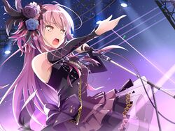  ahoge bang_dream! bare_shoulders blue_flower blue_rose blush breasts brooch commentary_request detached_sleeves dress earrings female flower gem hair_flower hair_ornament highres holding holding_microphone jewelry long_hair long_sleeves microphone minato_yukina necklace night night_sky open_mouth outstretched_arms outstretched_hand pink_hair purple_dress purple_flower purple_rose rose shirowa sky solo sparkle star_(sky) starry_sky very_long_hair yellow_eyes 