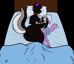  1boy 1girls anthro badgerben bed big_breasts blush breasts canine cleavage clothed clothing collar cute duo female furry hug huge_breasts hugging large_breasts larger_female male on_side pillow size_difference sleeping smile 