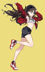  asle baseball_cap black_hat black_shorts blue_eyes blush breasts brown_hair commentary_request crop_top fate/stay_night fate_(series) female full_body hair_ribbon hat highres jacket long_hair long_sleeves navel open_clothes open_jacket open_mouth red_jacket ribbon shirt shoes shorts simple_background smile sneakers solo tohsaka_rin two_side_up white_shirt yellow_background 