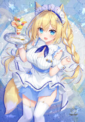  :d ameto_yuki animal_ears apron blonde_hair blue_eyes blue_skirt braid breasts cleavage cleavage_cutout clothing_cutout commentary_request constellation feet_out_of_frame female fox_ears fox_girl fox_tail garter_straps hair_ribbon hands_up holding holding_tray long_hair medium_breasts original parfait puffy_short_sleeves puffy_sleeves ribbon shirt short_sleeves shoulder_cutout skirt smile solo spoon star_(symbol) tail thighhighs tray twin_braids twintails very_long_hair waist_apron waitress white_apron white_ribbon white_shirt white_thighhighs wrist_cuffs 