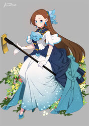  artist_name ascot blue_ascot blue_bow blue_dress blue_eyes blue_footwear bow brooch brown_hair closed_mouth commentary dress earrings female flower full_body gloves grey_background hair_ornament hairbow high_collar high_heels hoe holding jewelry katarina_claes kome_(vm500) long_dress long_hair looking_at_viewer otome_game_no_hametsu_flag_shika_nai_akuyaku_reijou_ni_tensei_shite_shimatta short_sleeves signature simple_background sitting smile solo white_gloves 