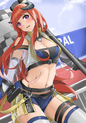  absurdres arknights bagpipe_(arknights) bagpipe_(queen_no._1)_(arknights) bare_shoulders belt black_belt blue_shorts blunt_bangs blush breasts casperrin checkered_flag cleavage commentary cowboy_shot crop_top dutch_angle female flag hat highres horns long_hair looking_at_viewer medium_breasts micro_shorts midriff navel official_alternate_costume open_mouth orange_hair outdoors pouch purple_eyes race_queen see-through see-through_skirt shorts showgirl_skirt skirt solo standing stomach thigh_strap thighhighs thighs very_long_hair white_thighhighs 