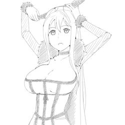  breasts choker cleavage dress female fur_trim greyscale horns large_breasts long_hair looking_at_viewer maou_(maoyuu) maoyuu_maou_yuusha monochrome open_mouth simple_background solo white_background yoshida_keiji 