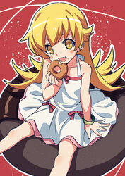  :d asada_hachi bangs banned_artist bare_shoulders blonde_hair blush_stickers bracelet collarbone commentary_request doughnut dress eating feet_out_of_frame female food food_on_face hand_up highres holding holding_food jewelry long_hair looking_at_viewer monogatari_(series) oerba_yun_fang open_mouth oshino_shinobu outline oversized_food pink_ribbon red_background ribbon shiny shiny_hair sitting skin_fang sleeveless sleeveless_dress smile solo twitter_username watermark white_dress white_outline yellow_eyes 