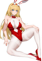  absurdres alternate_costume animal_ears azur_lane blonde_hair blue_eyes bow bowtie breasts center_opening cleavage fake_animal_ears female full_body hand_on_own_knee high_heels highleg highleg_leotard highres large_breasts leotard long_hair looking_at_viewer necktie north_carolina_(azur_lane) pantyhose pelvic_curtain playboy_bunny rabbit_ears red_bow red_bowtie red_footwear red_leotard red_necktie see-through shoes solo strapless strapless_leotard thighband_pantyhose white_pantyhose wsfw 