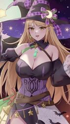  absurdres alternate_costume amayo_thranana bare_shoulders blonde_hair blush breasts cleavage commentary corrin_(female)_(fire_emblem) corrin_(female)_(fire_emblem)_(cosplay) corrin_(female)_(halloween)_(fire_emblem) corrin_(fire_emblem) cosplay dress earrings female fire_emblem fire_emblem_fates fire_emblem_heroes gem halloween halloween_costume hat highres jewelry large_breasts long_hair looking_at_viewer mythra_(xenoblade) off-shoulder_dress off_shoulder solo swept_bangs very_long_hair witch witch_hat xenoblade_chronicles_(series) xenoblade_chronicles_2 yellow_eyes 