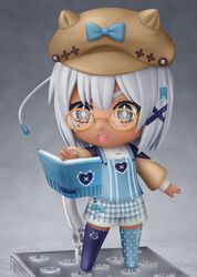  absurdres blue_eyes book brown-framed_eyewear chibi commission dark-skinned_female dark_skin diamond-shaped_pupils diamond_(shape) faux_figurine female full_body glasses grey_hair hair_ornament highres indie_virtual_youtuber looking_away nendoroid open_book open_mouth second-party_source shiori2525 short_hair solo sukafu_(vtuber) symbol-shaped_pupils teeth upper_teeth_only virtual_youtuber x_hair_ornament 