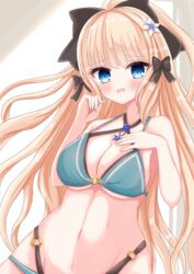  aqua_bikini arms_up bad_id bad_pixiv_id bikini black_bow blonde_hair blue_eyes blush bow breasts cleavage elf female flower hair_flower hair_ornament hair_up hairbow hand_on_own_chest highres imono_y large_breasts long_hair navel o-ring o-ring_bikini pointy_ears ponytail princess_connect! saren_(princess_connect!) saren_(summer)_(princess_connect!) solo swimsuit 