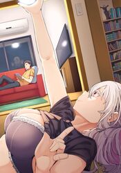  1boy 2girls black_hair bra breasts clothes_lift colored_eyelashes echidna_(re:zero) frilled_bra frills hair_slicked_back highres indoors large_breasts licking_window lying multiple_girls natsuki_subaru on_back purple_bra purple_eyes re:zero_kara_hajimeru_isekai_seikatsu satella_(re:zero) selfie shirt_lift smile taking_picture underwear white_hair window zerobarto 