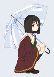  absurdres bad_id bad_pixiv_id black_hair black_socks bow brown_footwear brown_shirt brown_skirt closed_mouth expressionless female gekijouban_hibike!_euphonium green_neckerchief hairbow hibike!_euphonium highres hisaishi_kanade holding holding_umbrella kitauji_high_school_uniform loafers long_sleeves neckerchief pleated_skirt red_bow red_eyes sailor_collar sakurayama_(59_sakurayama) school_uniform serafuku shirt shoes short_hair simple_background skirt socks solo squatting umbrella white_background white_sailor_collar 