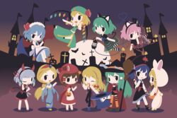  6+girls alice_margatroid blonde_hair blue_hair bow braid brown_hair character_request closed_mouth cobalta cosplay flandre_scarlet green_bow green_hair grey_hair hairbow hakurei_reimu halloween halloween_costume highres hong_meiling hong_meiling_(cosplay) izayoi_sakuya izayoi_sakuya_(cosplay) kirisame_marisa kochiya_sanae komeiji_koishi komeiji_satori long_hair looking_at_another looking_at_viewer moriya_suwako multiple_girls one_eye_closed pink_hair purple_hair remilia_scarlet short_hair touhou twin_braids yasaka_kanako 