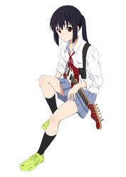  absurdres anime_coloring black_hair black_socks blue_skirt brown_eyes closed_mouth collared_shirt commentary_request electric_guitar female fender_mustang full_body green_footwear guitar highres instrument k-on! long_hair long_sleeves looking_at_viewer miniskirt nakano_azusa neck_ribbon pleated_skirt red_ribbon ribbon sakuragaoka_high_school_uniform sakurayama_(59_sakurayama) school_uniform shirt shoes sidelocks simple_background sitting skirt sneakers socks solo twintails white_background white_shirt winter_uniform 