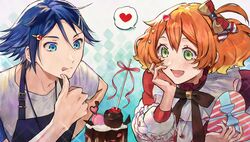  1boy alternate_costume apron blue_bow blue_eyes blue_hair blush bow box cake candy candy_apple chocolate female food freyja_wion frills hair_ornament hairbow hand_on_own_cheek hand_on_own_face hayate_immelmann heart heart-shaped_chocolate heart_hair_ornament highres holding holding_box licking_lips macross macross_delta open_mouth orange_hair pote-mm side_ponytail smile speech_bubble spoken_heart tongue tongue_out valentine 