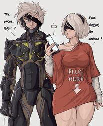  1boy 2b_(nier:automata) android blindfold blush breasts cellphone color_connection company_connection covered_abs crossover cyborg english_text eyepatch female fuck-me_shirt hair_color_connection hairband highres large_breasts long_sleeves look-alike meme_attire metal_gear_(series) metal_gear_rising:_revengeance mole mole_under_mouth muscular muscular_female naked_shirt nier:automata nier_(series) oversized_clothes phone platinumgames_inc. power_connection raiden_(metal_gear) science_fiction shirt short_hair simple_background smartphone t-shirt thick_thighs thighs toned toned_female trait_connection white_hair yoracrab 