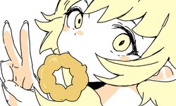  bad_id bad_twitter_id blonde_hair blush blush_stickers ddari doughnut eating female fingernails food hair_between_eyes korean_commentary looking_at_viewer monogatari_(series) mouth_hold nisemonogatari oerba_yun_fang oshino_shinobu pointy_ears pon_de_ring portrait skin_fang solo v vampire white_background yellow_eyes 