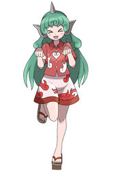  &gt;_&lt; absurdres aqua_hair asatsuki_(fgfff) blush buttons cloud_print commentary_request curly_hair eyelashes female full_body geta heart highres horns kariyushi_shirt komainu komano_aunn long_hair nail_polish oerba_yun_fang open_mouth parody paw_pose red_shirt shirt shorts simple_background single_horn solo style_parody sugimori_ken_(style) thick_eyebrows touhou white_background white_shorts 