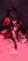  2girls absurdres black_horns blood blood_splatter blood_stain breasts breasts_apart broken clawed_gauntlets collarbone commentary dark_persona english_text fallen_frey_(king&#039;s_raid) feathered_wings frey_(king&#039;s_raid) gauntlets hair_between_eyes hand_grab highres horned_mask horns king&#039;s_raid leaning_on_person long_hair mask multiple_girls neckwear_request on_ground red_theme sitting statue swd3e2 tears torn_clothes white_hair wings 