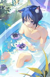  1boy 2others animal_ears bananakeki bath bathing blue_eyes blue_hair cat_boy cat_ears genshin_impact hair_between_eyes jewelry male_focus multiple_others necklace nude scaramouche_(cat)_(genshin_impact) scaramouche_(genshin_impact) short_hair 