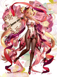  absurdres aiming black_joa blonde_hair braid braided_hair_rings breasts brown_pantyhose bug butterfly character_request clothing_cutout detached_sleeves dress facial_mark female floral_background flower forehead_mark full_body gunbai hair_flower hair_ornament hair_rings hand_on_own_chin hand_up highres holding holding_weapon horns large_breasts long_hair oerba_yun_fang open_mouth outstretched_arm pantyhose pelvic_curtain petals red_flower red_footwear sleeveless sleeveless_dress soccer_spirits solo teeth twintails upper_teeth_only very_long_hair war_fan weapon wide_sleeves 