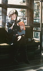  2girls absurdres anya_(spy_x_family) black_coat black_footwear black_gloves black_hair black_pants boots closed_eyes coat die_suki gloves highres hug lolicon mother_and_daughter multiple_girls nose_bubble open_mouth pants red_eyes sitting sleeping spy_x_family sunlight vehicle_interior window yor_briar 