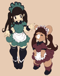  2016 5_fingers anthro apron bear bodily_fluids breasts brown_body brown_hair clothing dress duo female fingers footwear hair hi_res human koki legwear maid_uniform mammal shoes short_stack simple_background size_difference smile stockings sweat sweatdrop twintails uniform 