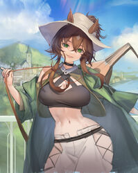  :d absurdres animal_ears arknights black_choker blue_sky breasts brown_hair choker cleavage cleavage_cutout clothing_cutout coat contrapposto cowboy_shot crop_top day ears_through_headwear female fengyin_shici_guozi green_coat green_eyes hat head_tilt highres hip_vent horse_ears instrument large_breasts long_hair long_sleeves looking_at_viewer meteor_(arknights) meteor_(bard&#039;s_holiday)_(arknights) navel official_alternate_costume open_clothes open_coat open_mouth outdoors pants ponytail sidelocks sky smile solo stomach town white_hat white_pants 