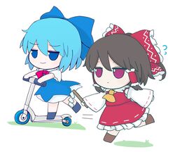  2girls ascot blue_bow blue_dress blue_eyes blue_hair bow brown_footwear brown_hair character_doll cirno closed_mouth collared_shirt detached_sleeves doll dress frilled_bow frilled_hair_tubes frilled_skirt frills full_body fumo_(doll) gohei hair_tubes hairbow hakurei_reimu highres holding ice ice_wings kick_scooter long_dress medium_hair multiple_girls neck_ribbon nontraditional_miko pinafore_dress puffy_short_sleeves puffy_sleeves red_bow red_eyes red_ribbon red_shirt red_skirt rei_(tonbo0430) ribbon ribbon-trimmed_sleeves ribbon_trim riding shirt short_hair short_sleeves sidelocks simple_background skirt skirt_set sleeveless sleeveless_dress touhou walking white_background white_shirt wings yellow_ascot 